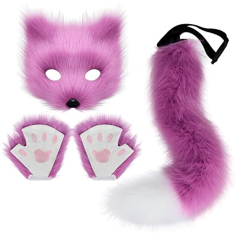 Faux Fur Cat Fox Mask Tail and Paw Set, Wolf Furry Suit Plush Therian Accessories Kit - Image 1