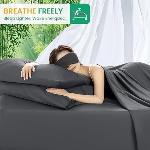 SONORO KATE 100% Viscose Derived from Bamboo_Sheets Queen Size, Ultra Breathable & Cooling Bed Sheets for Hot Sleepers, Hotel Luxury Silky Bedding Sheets, 16" Deep Pocket - 4PC (Dark Grey,Queen) thumbnail 6