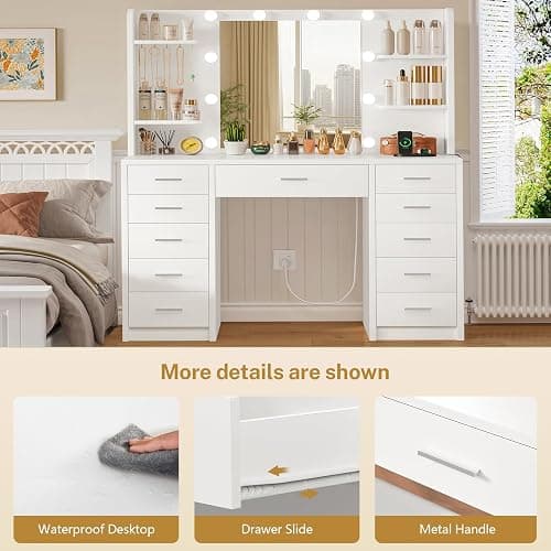 FIONESO Large Vanity Desk with Mirror and Lights, Makeup Vanity with 11 Drawers & 6 Open Shelves, 3 Lighting Modes, Brightness Adjustable, Vanity for Girls, White thumbnail 9