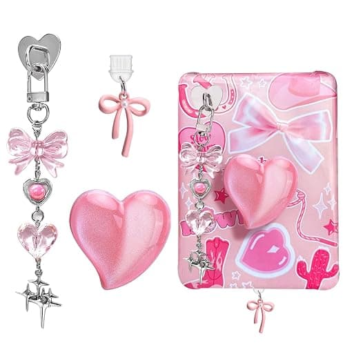 AIERSA Cute Charms Set for Kindle,Including Dust Plug Charm Type C/USB C,Heart Grip Holder,Bling Keychains with Hook for Kindle Accessories,Compatible for Kindle Paperwhite 11th 12th Generation-Pink - Image 1