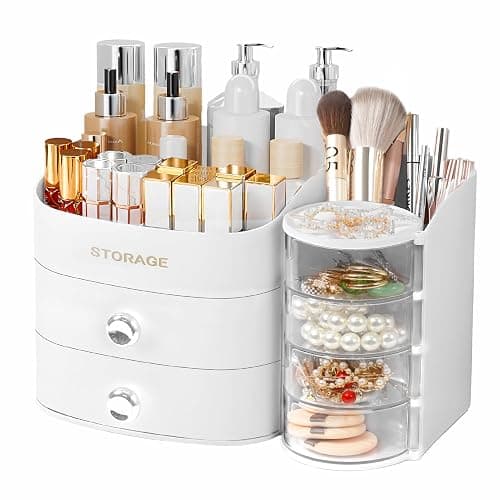 XIAPIA Makeup Organizer Countertop, Make Up Organizer for Vanity, Skincare & Cosmetic Organizers with Drawers, Bathroom Organizers Storage for Brush Holder|Lipstick|Jewelry, Ideal Gift for Women WHITE - Image 1