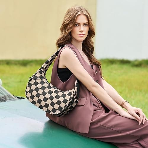 FODOKO Crescent Shoulder Bag for Women Checkered Purse Small Cute Clutch Hobo Handbags Nylon Quilted thumbnail 2