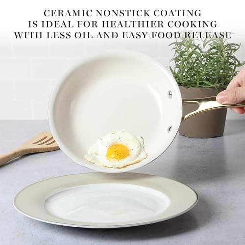 Martha Stewart Lockton Premium Non stick Non Toxic PFA Free Ceramic Interior 10 Piece Heavy Gauge Enamel Aluminum Pots and Pans Cookware Set - Linen White w/Gold Handle thumbnail 3