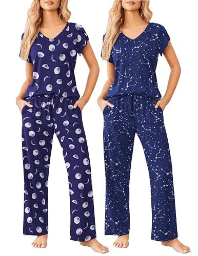 Ekouaer 2 Pack Womens Pajamas Short Sleeve Sleepwear Top with Pants Super-Soft Printed Lounge Sets S-XXL - Image 1
