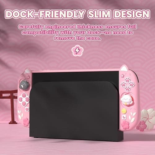PlayVital Cherry Blossoms Kitten Protective Case for Nintendo Switch 2 with Stand | Cute Cat Ear & Paw Silicone Grips, Dockable Hard Shell, 2 Joystick Caps | Full-Body Protection Cover, Pink thumbnail 2