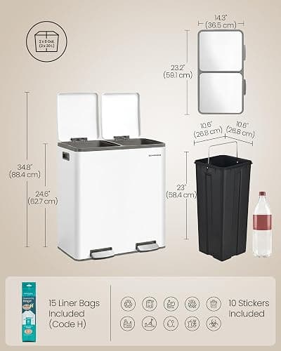 SONGMICS Trash Can, Double Compartment Garbage Can, Stainless Steel | 2 X 8 Gallon (2 x 30 L) for Recycling, with 15 Liner Bags, Soft-Close Lids, Removable Buckets, White ULTB160WZ01 thumbnail 3