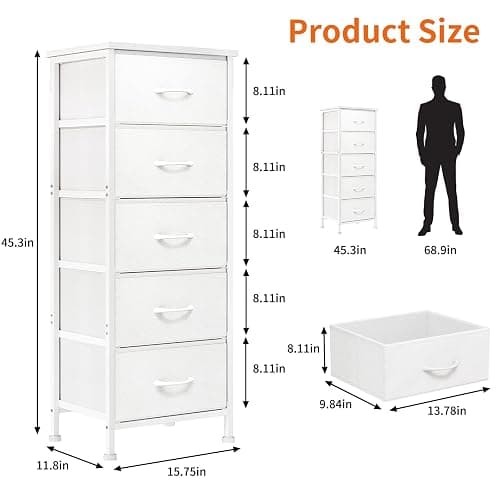 Fixwal White Tall Dresser for Bedroom, Closet Organizers and Storage Tall Fabric Dresser for Closet, Drawer Organizer with 5 Drawers, Bedroom Furniture thumbnail 2