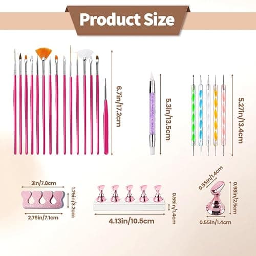 Nail Art Tools Set, 15 Nail Art Brushes 6 Nail Dotting Tool 3 Nail Stickers 2nail buffer 2 toe separator with Nail Stand Holder for Nail Tech & Beginners Nail Art Supplies Kit (Pink) thumbnail 7