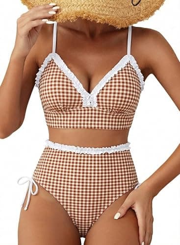 Herseas Women's Splice Ruffle Trim Bikini Sets Tie Side Swimsuits High Waisted Bathing Suits - Image 1