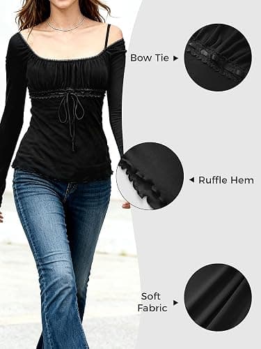 Y2K Mesh Top Women Long Sleeve Shirts Scoop Neck Ruffle Hem Babydoll Blouse thumbnail 4