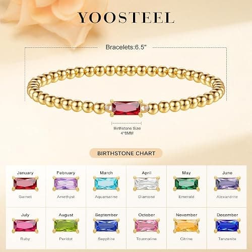 Yoosteel Dainty Birthstone Bracelet for Women - Elastic 14K-Gold-Plated Bead Bracelets Trendy Friendship Birthday Jewelry Gifts Christmas Stocking Stuffer for Women thumbnail 5