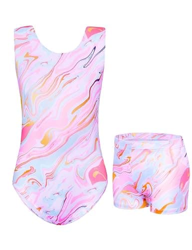 Jinhiteam Gymnastics Leotards for Girls - 2 Piece Shiny Sleeveless Outfit with Gym Shorts for Little Kids (4-12 Years) - Image 1