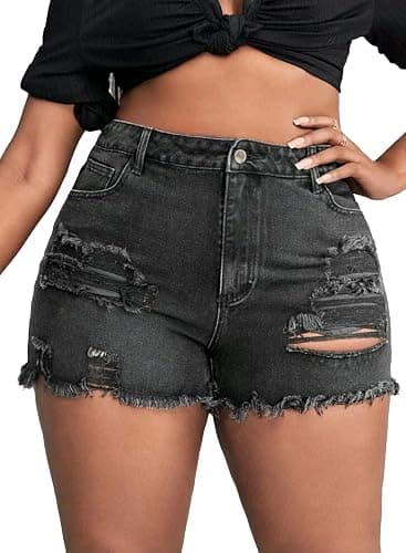 MapleHub Plus Size Denim Shorts Women High Waisted Ripped Folded Hem Jean Shorts - Image 1