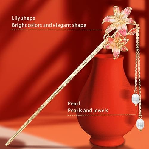 KZQtriid Hair Accessories，14k Gold Plated Copper，Vintage Handcrafted，7.28" Hair Chopsticks For Women，Colour Enamels Pearl Lilies Tassels Hair Stick，Hair Clip thumbnail 6