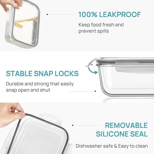 Vtopmart 2Pack 1860ml/63oz Large Glass Storage Containers with Lids, Meal Prep Food Container Set with Snap Airtight Lid for Baking, Microwave, Oven, Leak Proof, for Freezer, Dishwasher, Grey thumbnail 6