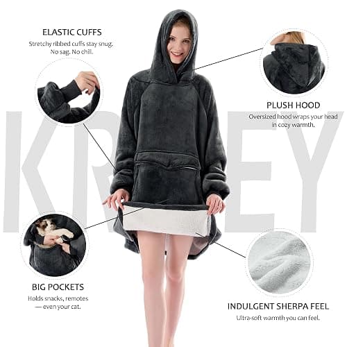 Krifey Wearable Blanket Hoodie, Oversized Sherpa Fleece Sweatshirt with Giant Pocket, Birthday Gifts for Women, Warm Christmas Gift for Mom, Wife, or Girlfriend thumbnail 4