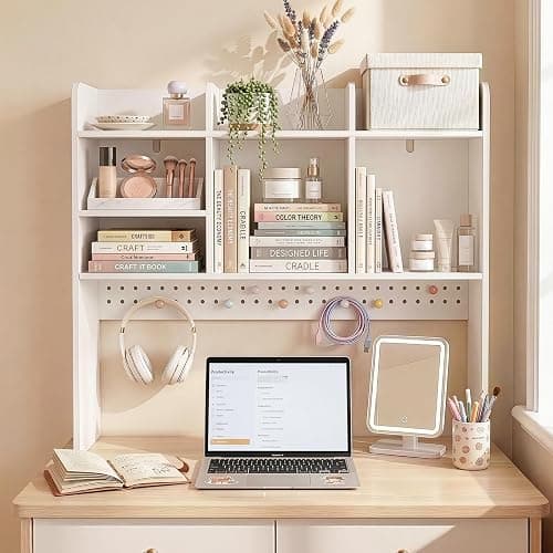OOOK White Desk Hutch, Dorm Organizers and Storage, 3-Tier Desktop Bookshelf, Wooden Computer Desk with Hutch, Desk Hutch with Pegboard and Accessories Included for Office Dorm Home thumbnail 6