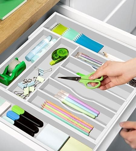 ROYAL CRAFT WOOD Luxury Bamboo Kitchen Drawer Organizer - Silverware Organizer - Utensil Holder and Cutlery Tray with Grooved Drawer Dividers for Flatware and Kitchen Utensils (9 Slot, White) thumbnail 6