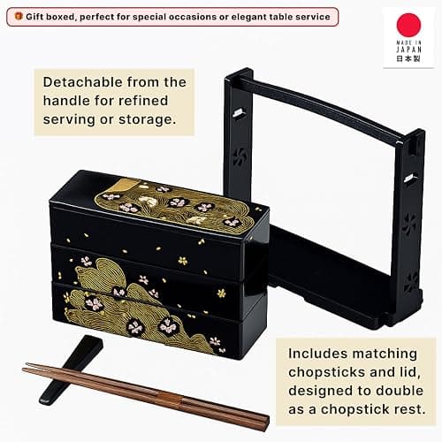 JapanBargain 1951, Made in Japan Three-Tier Japanese Lunch Bento Box with Chopsticks, Lacquered Sakura Cherry Blossom Design thumbnail 5