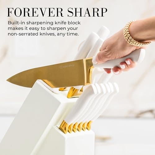 White and Gold Knife Set with Block - 14-Piece White Knife Set with Block and Built-In Sharpener – Titanium-Coated High Carbon Stainless Steel Blades - Gold Kitchen Accessories - Great for Gifting thumbnail 5