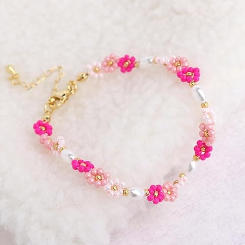 Agriajun Colorful Daisy Flower Beaded Bracelets for Women, Cute Handmade Floral Gold Beads Adjustable Bracelet Spring Boho Jewelry Gift thumbnail 3