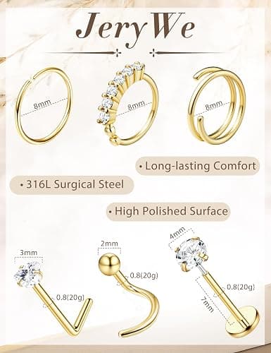 JeryWe Nose Rings for Women - 14K Gold Filled Hypoallergenic Surgical Steel Nose Ring Hoops CZ Lip Ring Screw L Shaped Studs Threadless Flat Back Stud Nose Piercings Jewelry for Women Men thumbnail 6