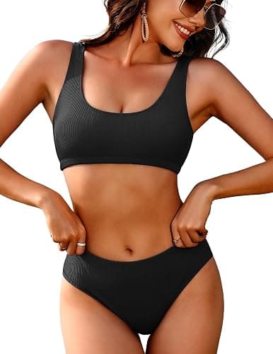 AI'MAGE Women Ribbed Bikini Sets Sporty Swimsuits Scoop Neck Two Piece Bathing Suits High Cut Bikini XS-XXL - Image 1