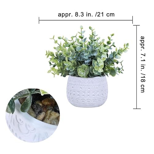 Winlyn Set of 2 Small Artificial Potted Plants Faux Eucalyptus Plant in White Geometric Ceramic Pots Small Desk Potted Plants 7.1" Tall for Home Office Room Decorations Wedding Greenery Centerpiece thumbnail 3