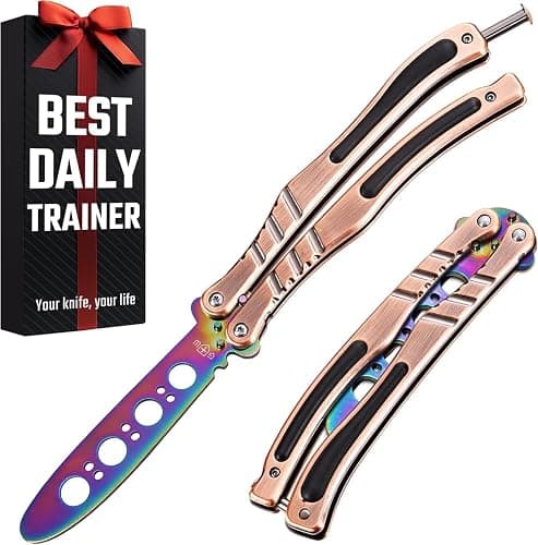 Butterfly Knife - Balisong Trainer - Multicolor Practice Butterfly Trainer with Sure Spring Latch - Balisong Knives NOT Real NOT Sharp Blade - Full Stainless Steel Fake Dull Trick CSGO Fidget Toy K01A - Image 1