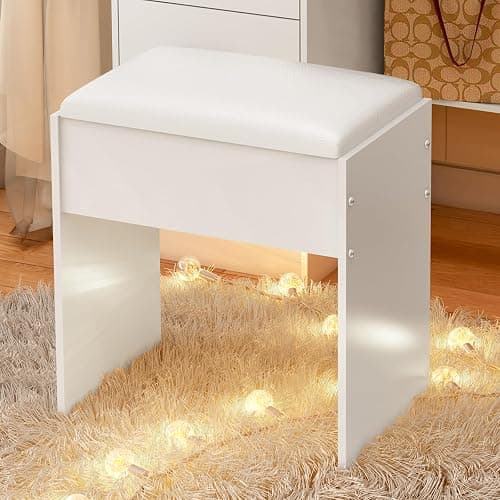 tojump Vanity Stool Chair 16 Inch, Cushioned Vanity Stools, Dressing Table Stool, Dressing Table Seat, Easy Assembly Makeup Chair, Footstool for Makeup Room, Living Room, Bedroom, Entryway, White - Image 1