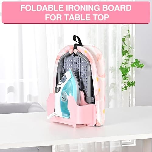 APEXCHASER Small Ironing Board with Iron Holder, Compact Ironing Board with Non-Slip Feet, Portable Tabletop Ironing Board with Cotton Cover for Small Spaces and Travel, Pink, P1232D5-16Pink - Pink - With Holder thumbnail 8