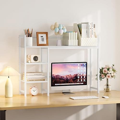 Snughome Desk Shelf, 38.6" Desktop Organizer Shelf, Desk Hutch for Computer Monitor, 4 Tier Desk Display Rack, Wood Desktop Bookshelf Storage Rack for Home Office Dorm, White thumbnail 2