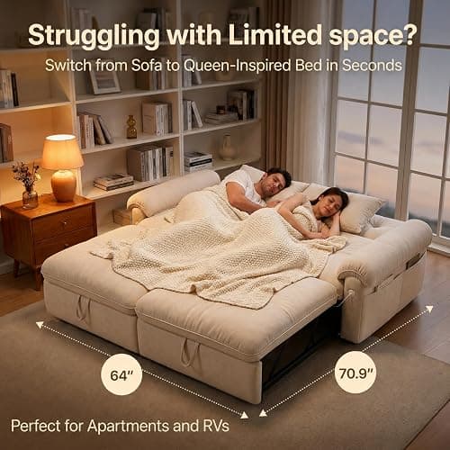 howcool Queen Sleeper Sofa Bed, 77" Pull Out Couch | 3-in-1 Convertible Sofa Bed, Loveseat Sleeper with USB Charging Ports for Living Room, Velvet Fabric, RV-Friendly, Beige thumbnail 6