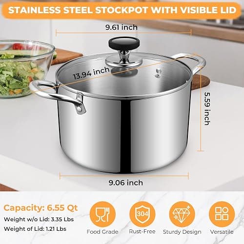 Tri-Ply Stainless Steel Stock Pot, 6.5 Quart Heavy Duty Induction Cooking Pot with Visible Lid for Pasta, Soup, Spaghetti, Sturdy & Double Handle, Dishwasher Safe thumbnail 2