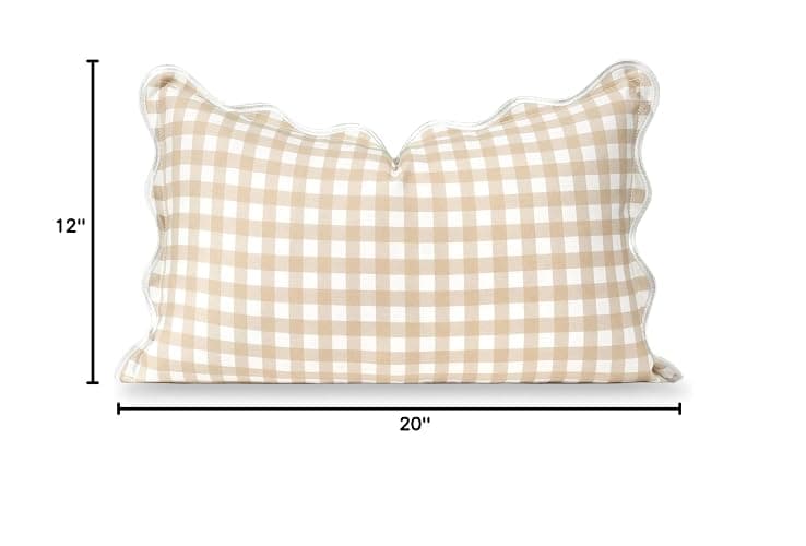Hofdeco Premium Coastal Hampton Scalloped Patio Indoor Outdoor Lumbar Pillow Cover Only, 12"x20" Water Repellent for Backyard, Couch, Poolside, Neutral Tan Print Gingham thumbnail 3