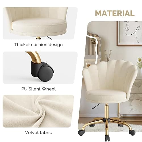 Aivermeil Modern Velvet Vanity Chair with Gold Base, Swivel Office Chair with Lumbar Pillow, Adjustable Rolling Task Chair for Condo, Bedroom & Vanity，Beige thumbnail 5