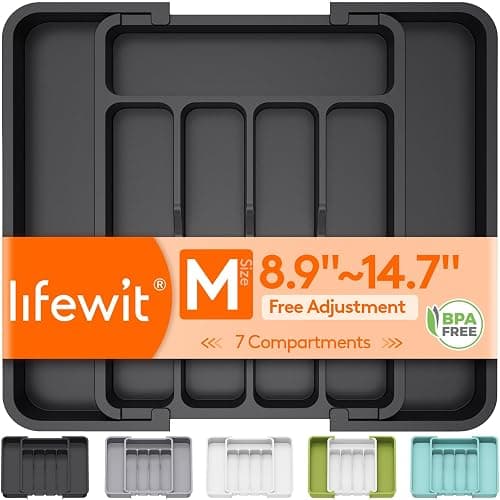 Lifewit Cutlery Organizer, Expandable Utensil Organizer for Kitchen, Utensil Holder, Adjustable Cutlery Tray Drawer Organizer for Spoons, Knives, Kitchen Organizers and Storage, Black - Image 1