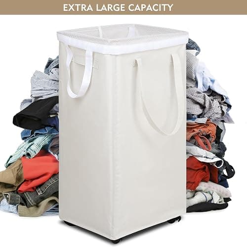 DOKEHOM 90L X-Large Laundry Basket with Removable Wash Bag on Wheels, Collapsible Rolling Laundry Hamper, Foldable Clothes Organizer, Folding Washing Bin (Beige) thumbnail 6