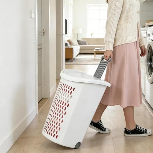 Laundry Basket with Wheels, Lid, and Handles for Easy Rolling, Dirty Clothes Organizer, White, 1 Pack thumbnail 2