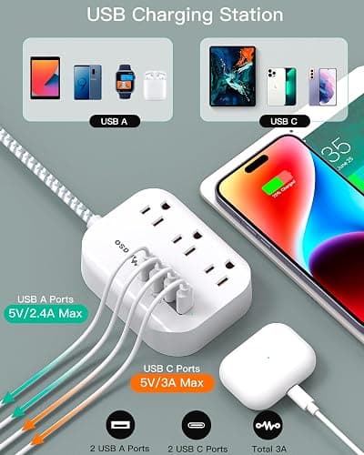 Cruise Ship Essentials - Mifaso Power Strip with USB Ports, 5Ft Flat Extension Cord with Multiple Outlets, USB Charging Station with Non Surge Protector for Cruise Ship, Travel, Dorm Room Essentials thumbnail 3
