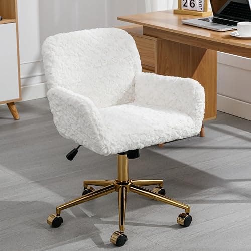 Thctvous Beige Vantiy Desk Chair Comfy, Sherpa Makeup Vanty Chair with Back and Rolling Wheels for Bedroom Home Office,Adjustable High Gold Feet,Artificial Rabbit Hair (Beige) - Image 1