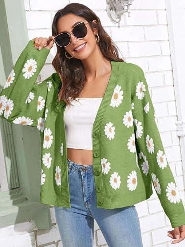 Women's Floral Print Cardigan Long Sleeve Open Front Button Down V Neck Knitted Sweaters thumbnail 2