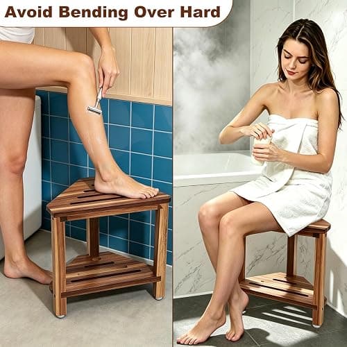 IBosins Corner Shower Stool 14in Small Bench Storage Shelf Natural Finish | Acacia Wood Shower Chair for Inside Shower Foot Rest for Shaving Legs Wooden Seat for Bathroom Living Room Bedroom thumbnail 3