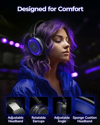 Wireless Gaming Headset, 7.1 Surround Sound, 2.4GHz USB Gaming Headphones with Bluetooth 5.4, 100H Battery, ENC Noise Canceling Mic, RGB Light, Wireless Headset for PC PS5 PS4 Mac Switch (Black-Blue) thumbnail 6