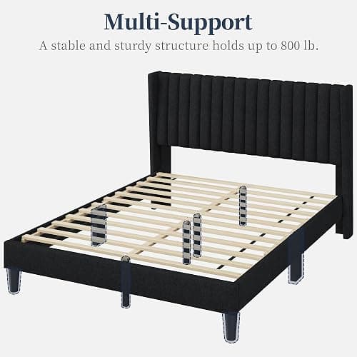 Yaheetech Queen Bed Frame Upholstered Platform Bed with Fabric Headboard, Wing Edge Design/Non-Slip and Noise-Free/Wooden Slats Support/No Box Spring Needed/Easy Assembly, Black Queen Bed thumbnail 8