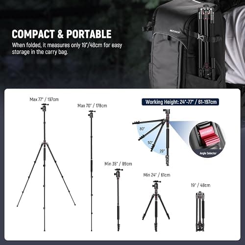 NEEWER 77 inch Camera Tripod Monopod for DSLR, Phone with 360° Panoramic Ball Head, 2 Axis Center Column, Arca Type QR Plate, Compact Aluminum Lightweight Travel Tripod 34lb Max Load, Bag Included - Travel Tripod thumbnail 3