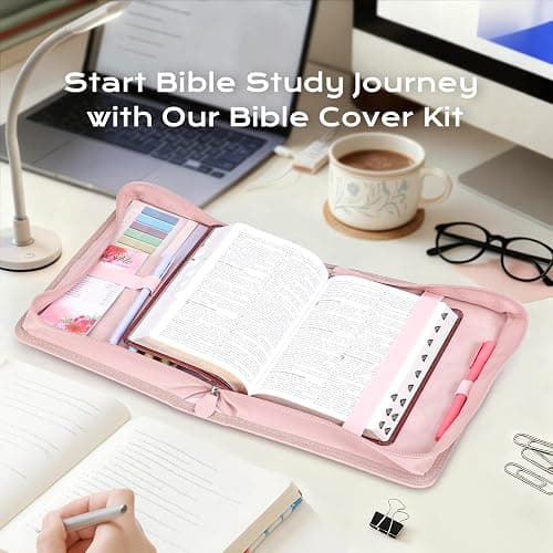 XKDOUS 24 Pcs Bible Covers Kit, Bible Carrying Case Large Church Bag w/Bible Study Supplies, Tabs, Pens, Bookmarks, Leather Book Holder Case Christian Gifts for Mom Women Lady thumbnail 4