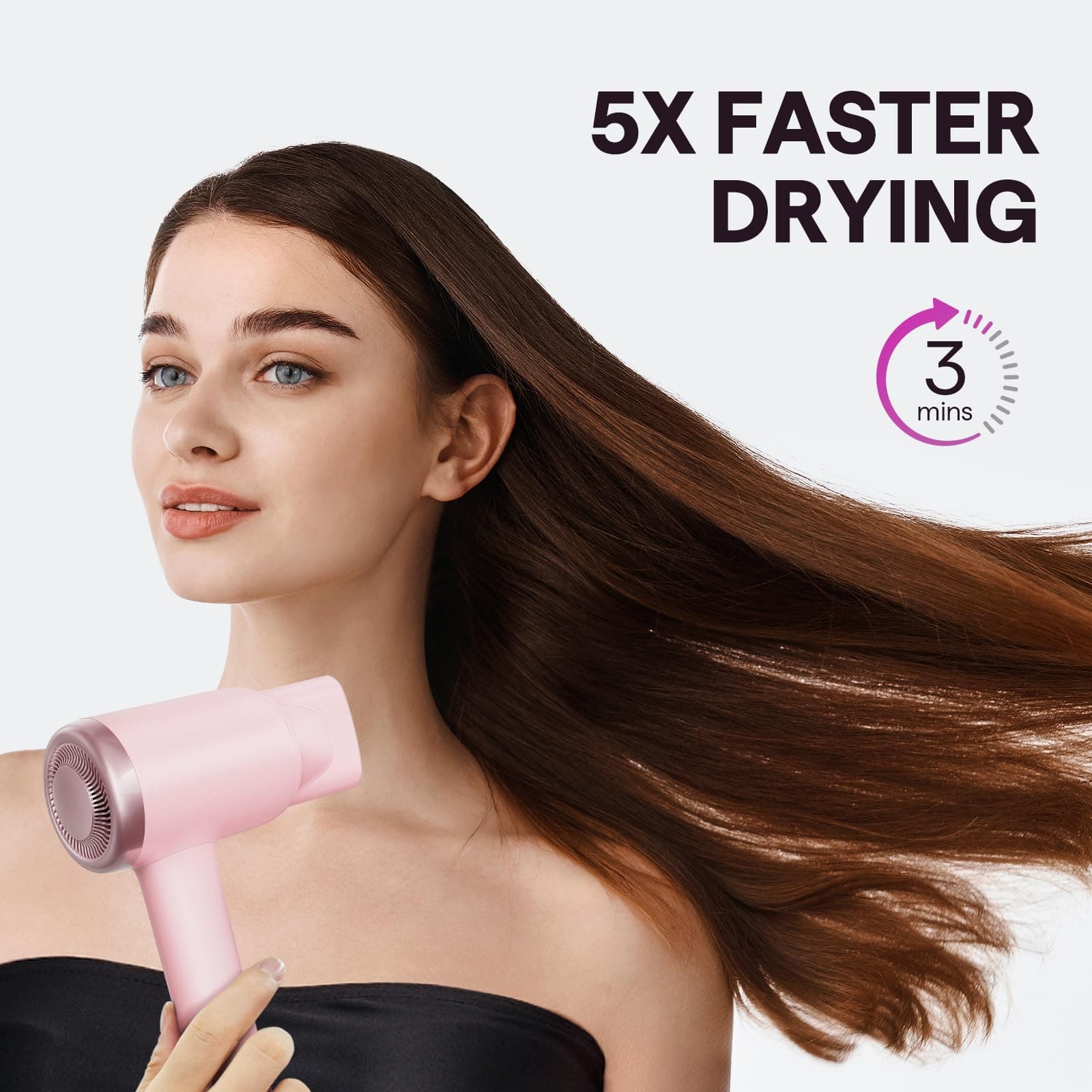 Hair Dryer, Wavytalk Turblow Pro Fast Drying Blow Dryer with Diffuser, High Speed Hair Dryer with 110,000 RPM, Pro Negative Ions to Reduce Damage & Frizz, 3 Speeds & 3 Temps, Pink thumbnail 2