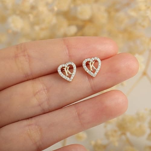 Anoup Christmas Gifts for Grandkids Girls Earrings - S925 Sterling Silver Post CZ Hypoallergenic Stud Heart Initial Earrings for Women Kids Jewelry Stocking Stuffers for Teen Girls Birthday Gifts thumbnail 5