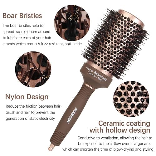 FIXBODY Hair Brush, Round Brush for Blow Drying, Curling, Styling, Nano Thermal Ceramic & Ionic Tech, Boar Bristle, 3.3 inch, 2 inch Barrel, for Women, Volume & Shine, Brown, Hair Brush for Thick Hair thumbnail 3